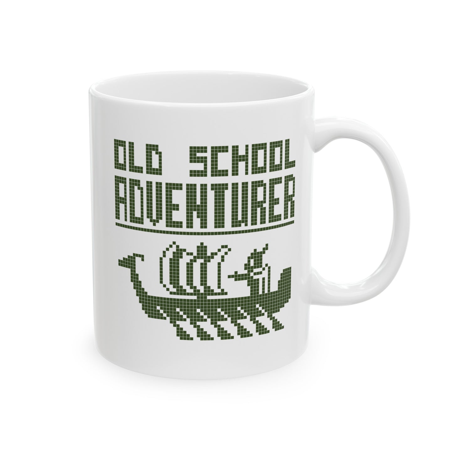 Old School Adventurer Ceramic Mug - Retro Pixel Art Viking Ship Design