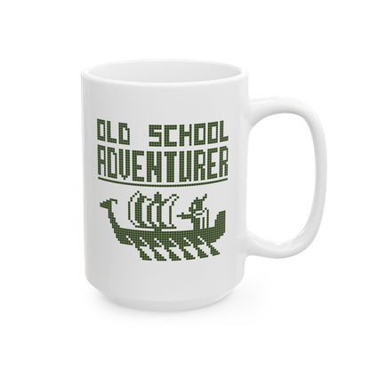 Old School Adventurer Ceramic Mug - Retro Pixel Art Viking Ship Design