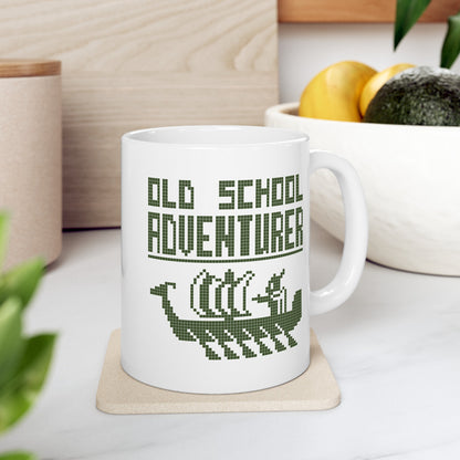 Old School Adventurer Ceramic Mug - Retro Pixel Art Viking Ship Design