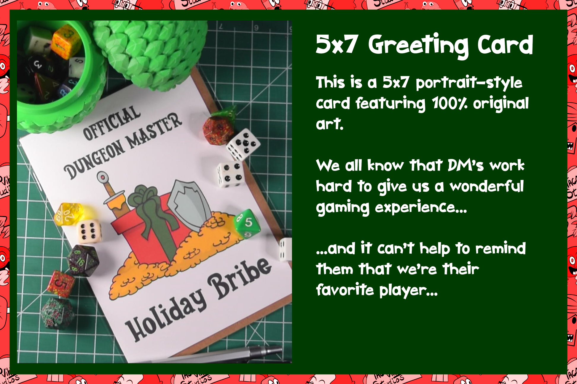 A detailed view of the 'Official Dungeon Master Holiday Bribe' card showcasing its vibrant colors and clear, professional printing on smooth cardstock.