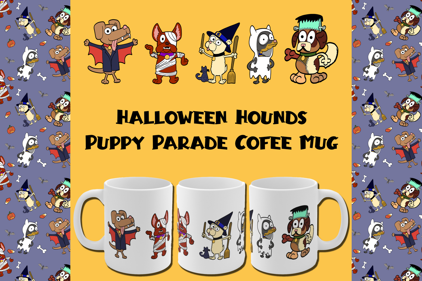 Halloween Hounds Puppy Parade Coffee Mug featuring five cute dogs in Halloween costumes. Perfect for coffee, tea, and hot chocolate. Original artwork by Taco Viking Studios.