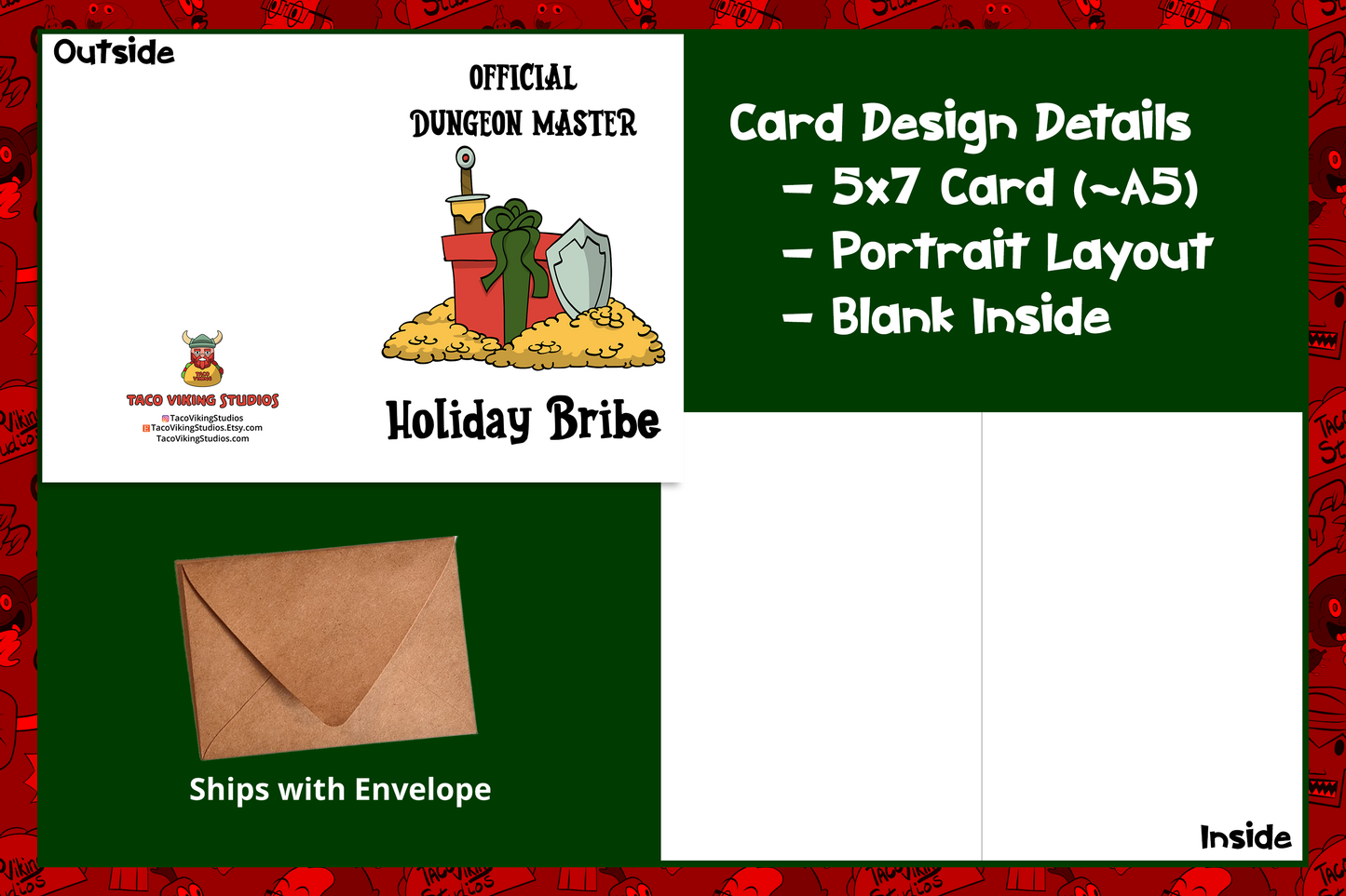 Open view of the 'Official Dungeon Master Holiday Bribe' card, showing both the front design and the blank interior for personal messages.