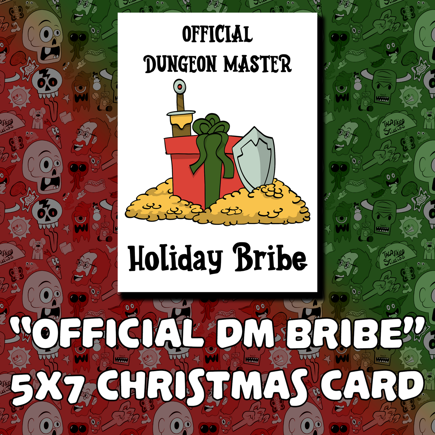 A festive greeting card titled 'Official Dungeon Master Holiday Bribe' displayed with dice and gaming accessories, emphasizing the holiday gaming spirit.