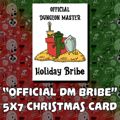 A festive greeting card titled 'Official Dungeon Master Holiday Bribe' displayed with dice and gaming accessories, emphasizing the holiday gaming spirit.